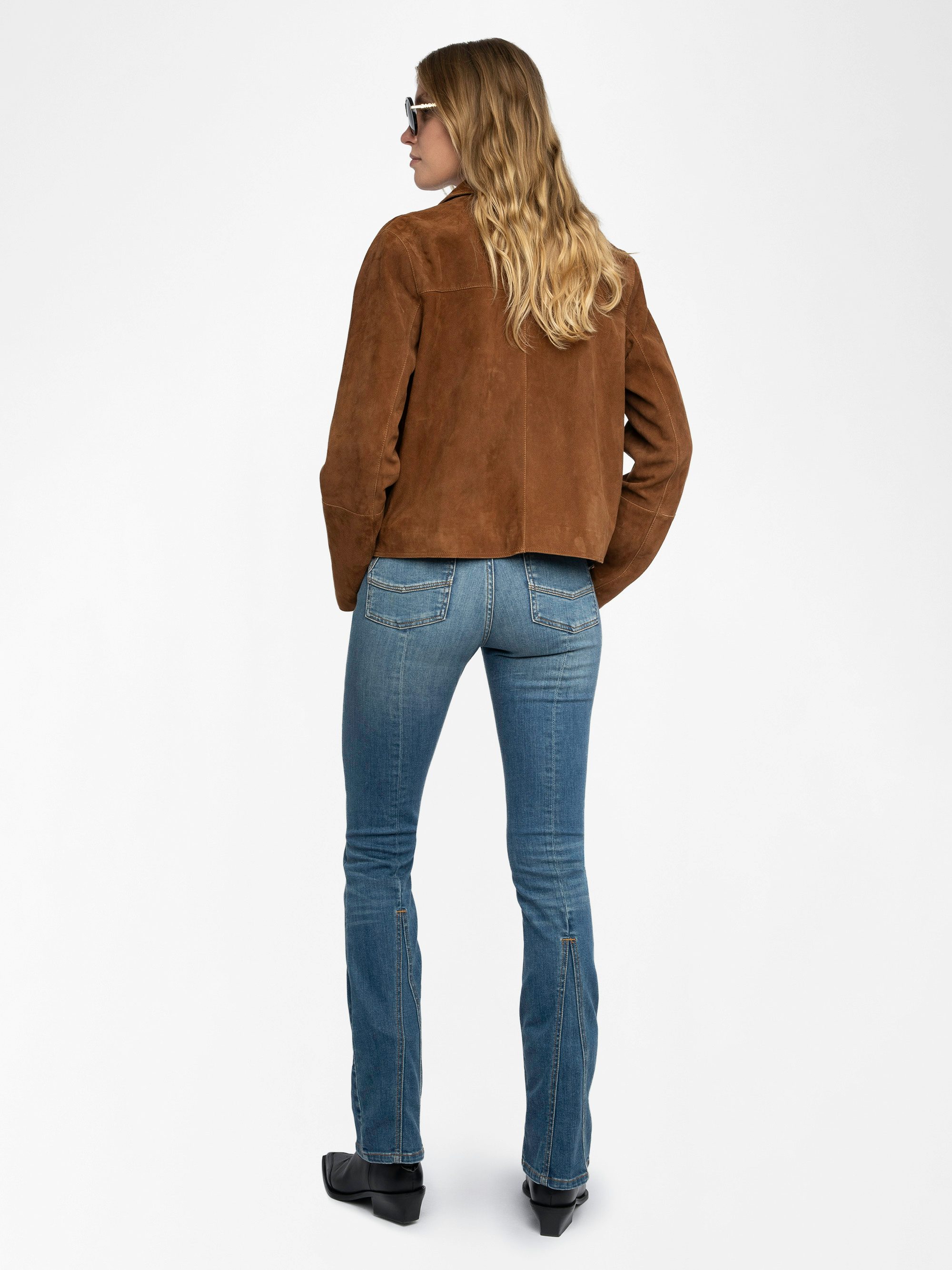 Lessa Jacket 100% Suede Leather - Cropped suede leather jacket with embossed wing on the back.